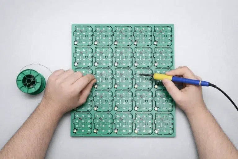 Löten an Platine aus Vogelperspektive